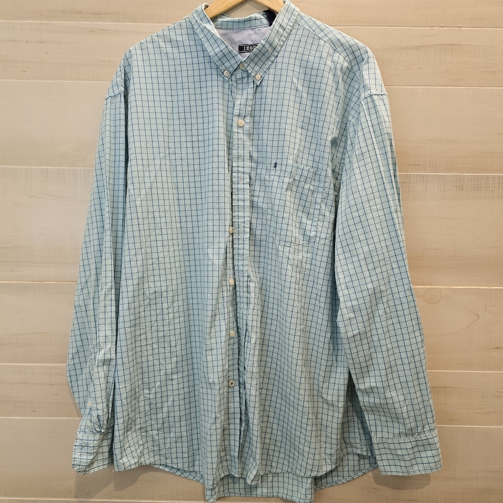 {XXL} IZOD Plaid Button Down Long Sleeve Shirt Light Aqua Blue